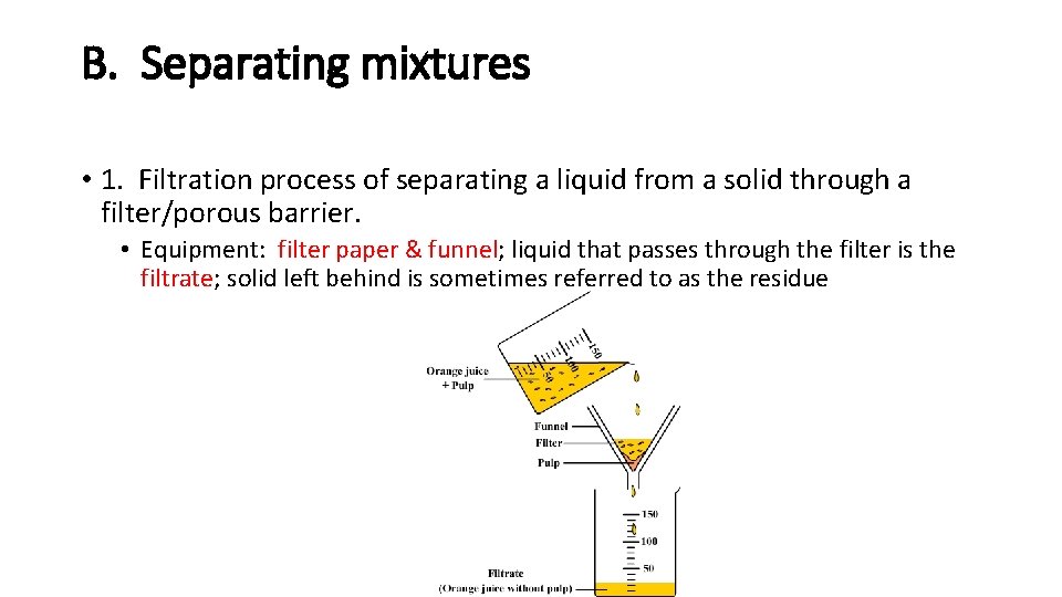 B. Separating mixtures • 1. Filtration process of separating a liquid from a solid