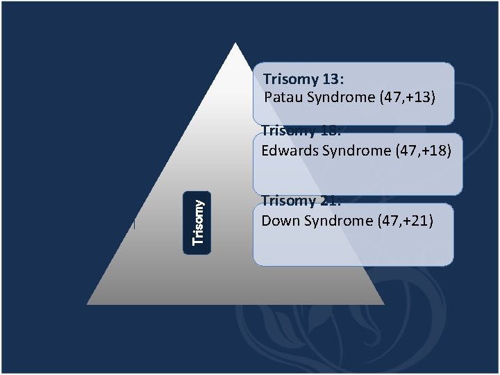  Trisomy 13: Patau Syndrome (47, +13) Trisomy 18: Edwards Syndrome (47, +18) Trisomy