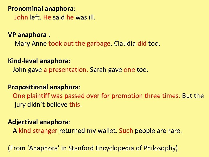 Pronominal anaphora: John left. He said he was ill. VP anaphora : Mary Anne