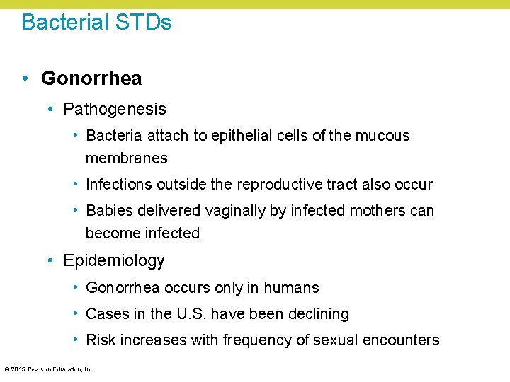 Bacterial STDs • Gonorrhea • Pathogenesis • Bacteria attach to epithelial cells of the