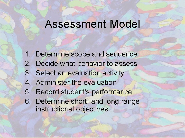 Assessment Model 1. 2. 3. 4. 5. 6. Determine scope and sequence Decide what