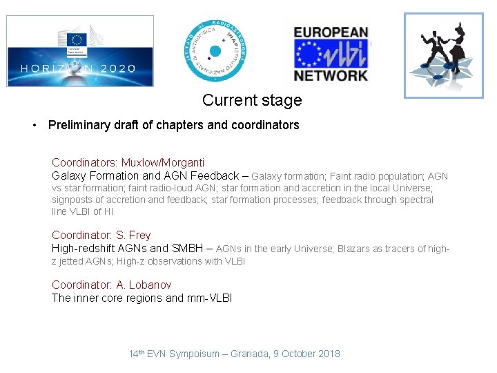 Current stage • Preliminary draft of chapters and coordinators Coordinators: Muxlow/Morganti Galaxy Formation and