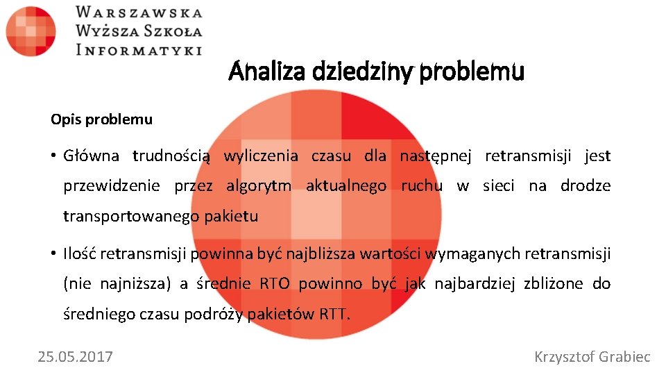 Analiza dziedziny problemu Opis problemu • Główna trudnością wyliczenia czasu dla następnej retransmisji jest