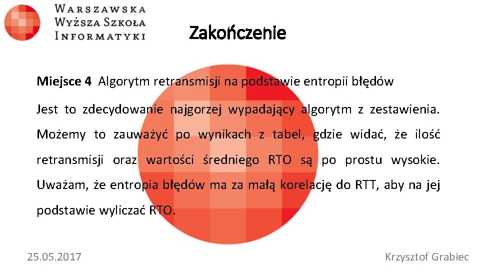 Zakończenie Miejsce 4 Algorytm retransmisji na podstawie entropii błędów Jest to zdecydowanie najgorzej wypadający