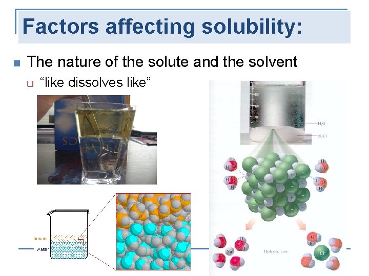 Factors affecting solubility: n The nature of the solute and the solvent q “like