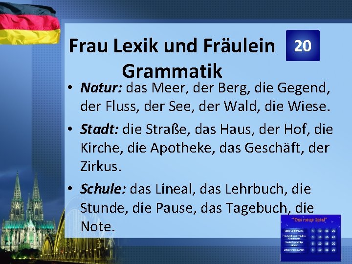 Frau Lexik und Fräulein 20 Grammatik • Natur: das Meer, der Berg, die Gegend,