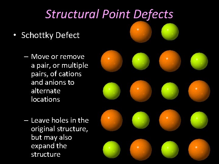 Structural Point Defects • Schottky Defect – Move or remove a pair, or multiple
