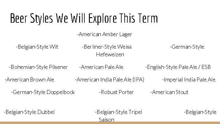 Beer Styles We Will Explore This Term -American Amber Lager -Belgian-Style Wit -Bohemian-Style Pilsener