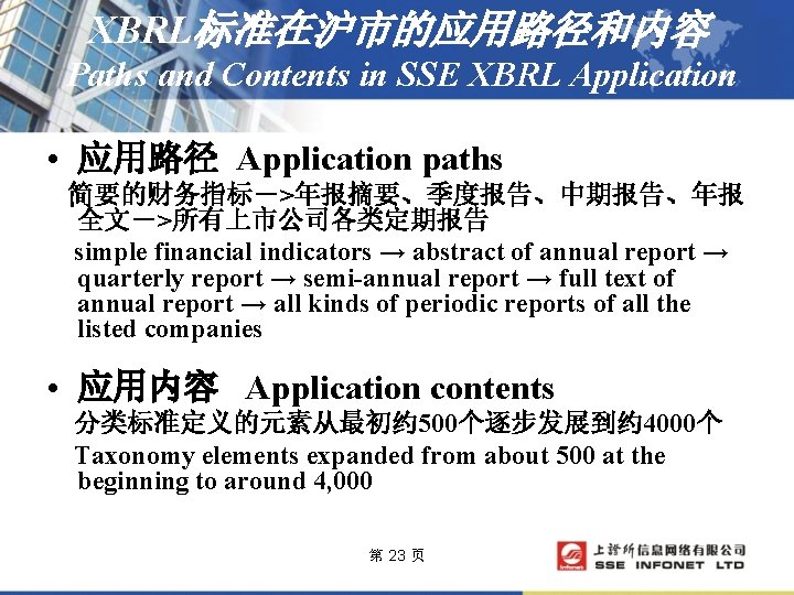 XBRL标准在沪市的应用路径和内容 Paths and Contents in SSE XBRL Application • 应用路径 Application paths 简要的财务指标－>年报摘要、季度报告、中期报告、年报 全文－>所有上市公司各类定期报告