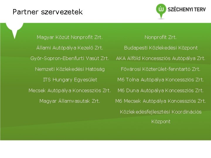 Partner szervezetek Magyar Közút Nonprofit Zrt. Állami Autópálya Kezelő Zrt. Budapesti Közlekedési Központ Győr-Sopron-Ebenfurti Partner szervezetek Magyar Közút Nonprofit Zrt. Állami Autópálya Kezelő Zrt. Budapesti Közlekedési Központ Győr-Sopron-Ebenfurti