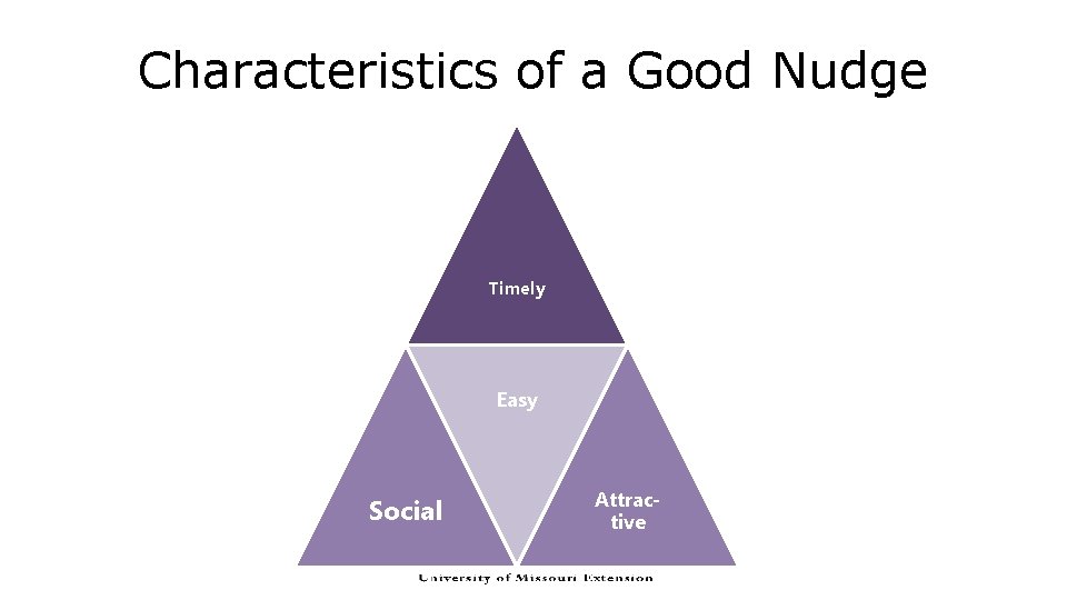 Characteristics of a Good Nudge Timely Easy Social Attractive  Characteristics of a Good Nudge Timely Easy Social Attractive