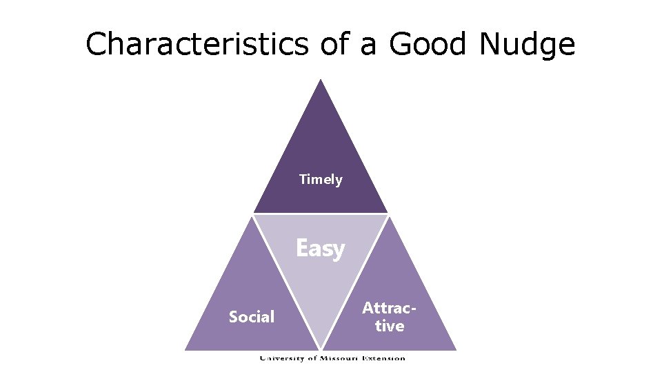 Characteristics of a Good Nudge Timely Easy Social Attractive  Characteristics of a Good Nudge Timely Easy Social Attractive