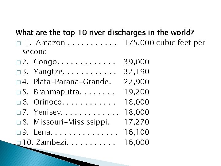 What are the top 10 river discharges in the world? � 1. Amazon. .