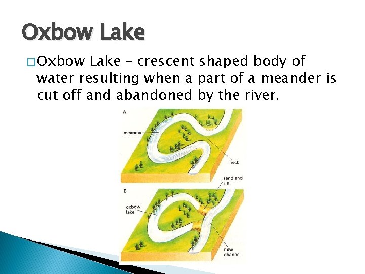 Oxbow Lake � Oxbow Lake – crescent shaped body of water resulting when a