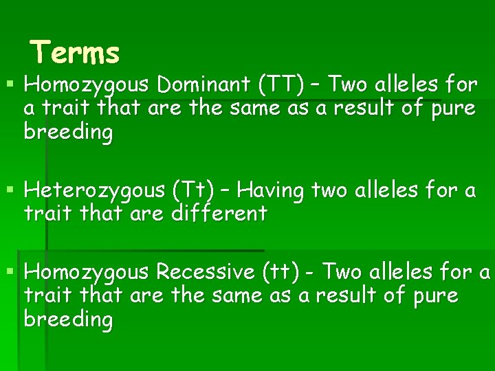 Terms § Homozygous Dominant (TT) – Two alleles for a trait that are the