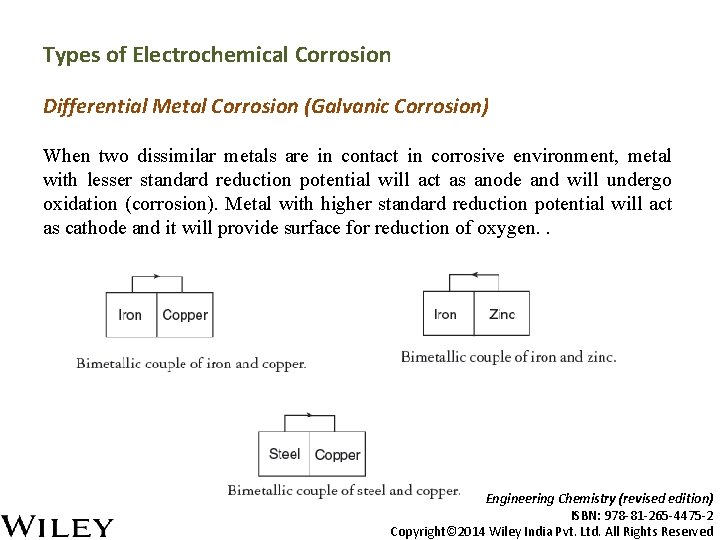 Types of Electrochemical Corrosion Differential Metal Corrosion (Galvanic Corrosion) When two dissimilar metals are