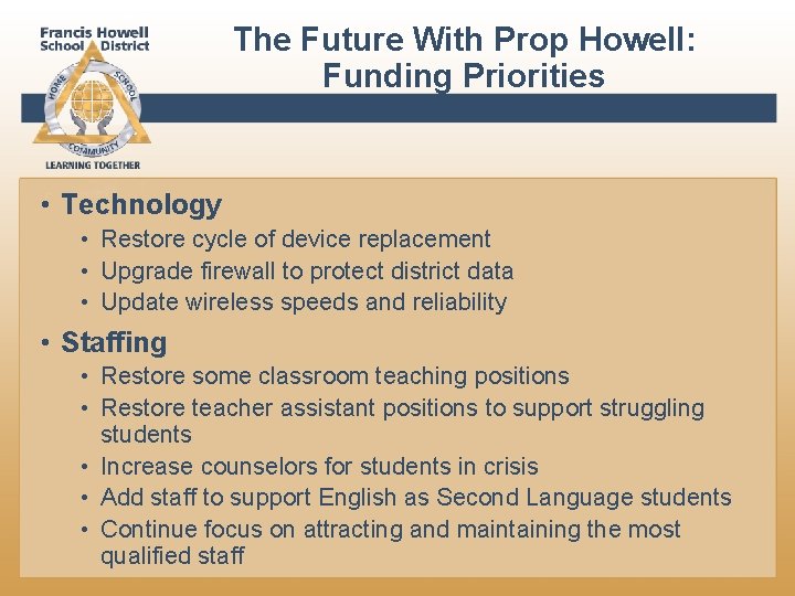 The Future With Prop Howell: Funding Priorities • Technology • Restore cycle of device