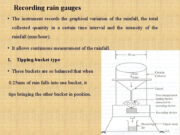 Recording rain gauges • The instrument records the graphical variation of the rainfall, the