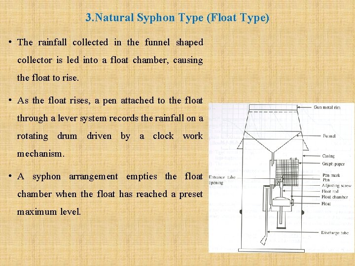 3. Natural Syphon Type (Float Type) • The rainfall collected in the funnel shaped