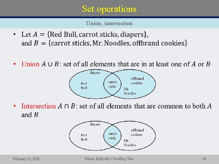 Set operations Union, intersection • February 12, 2020 Patrice Belleville / Geoffrey Tien 14