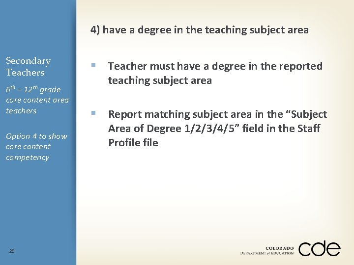 4) have a degree in the teaching subject area Secondary Teachers 6 th 12