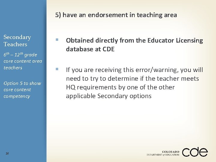 5) have an endorsement in teaching area Secondary Teachers 6 th 12 th –