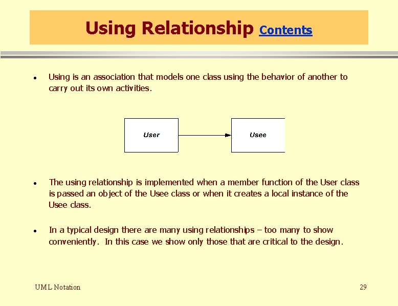 Using Relationship Contents · Using is an association that models one class using the Using Relationship Contents · Using is an association that models one class using the