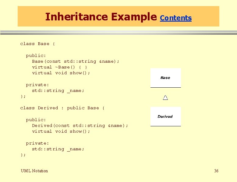 Inheritance Example Contents class Base { public: Base(const std: : string &name); virtual ~Base() Inheritance Example Contents class Base { public: Base(const std: : string &name); virtual ~Base()