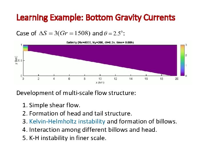 Learning Example: Bottom Gravity Currents Case of and : Development of multi-scale flow structure: