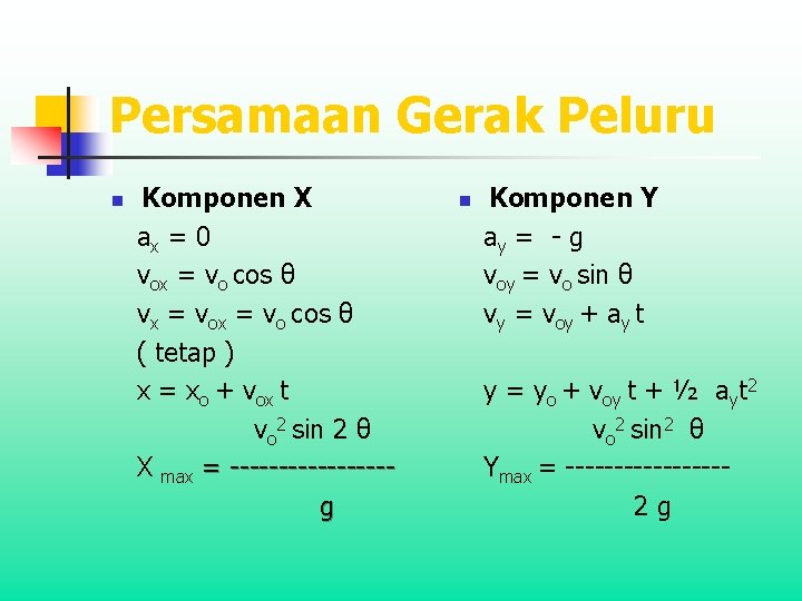 Persamaan Gerak Peluru n Komponen X ax = 0 vox = vo cos θ