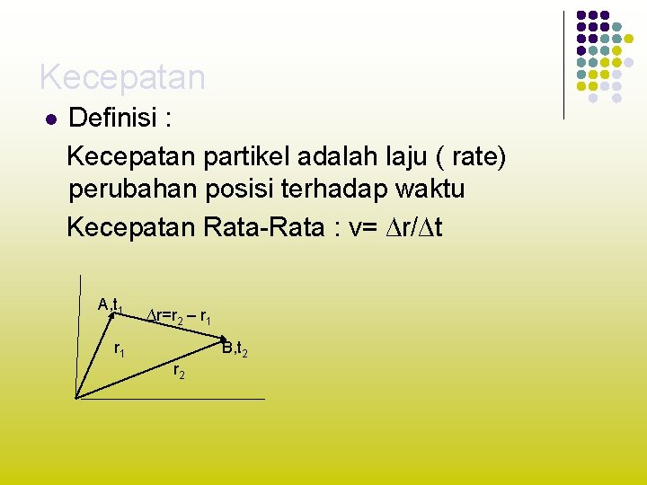 Kecepatan l Definisi : Kecepatan partikel adalah laju ( rate) perubahan posisi terhadap waktu
