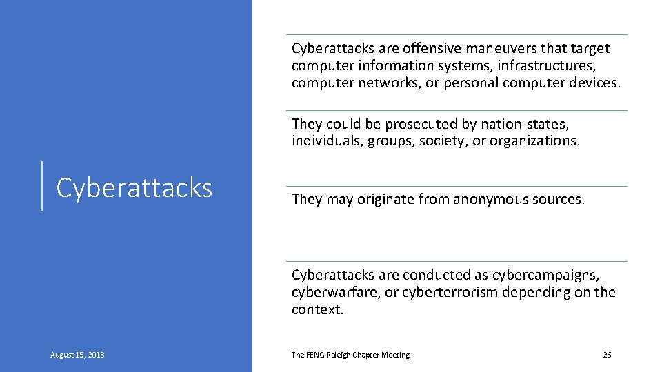 Cyberattacks are offensive maneuvers that target computer information systems, infrastructures, computer networks, or personal