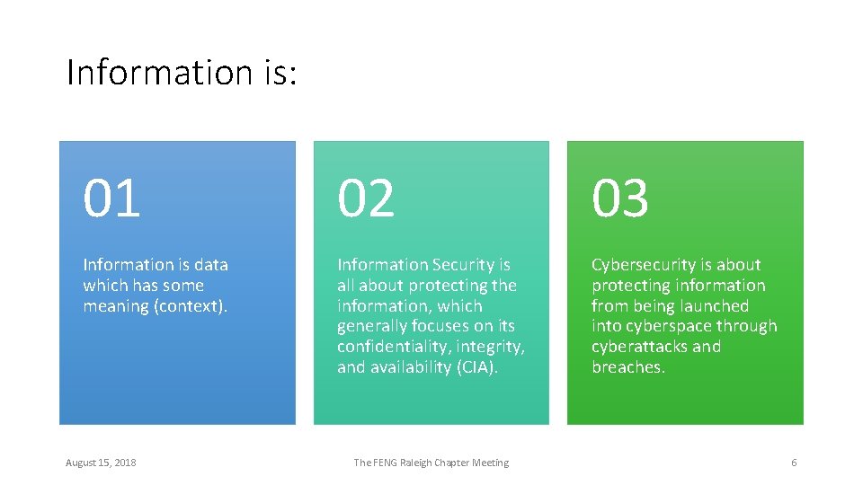 Information is: 01 02 03 Information is data which has some meaning (context). Information