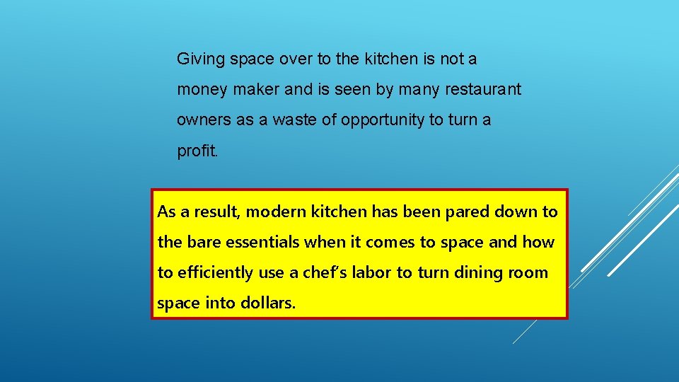 Giving space over to the kitchen is not a money maker and is seen