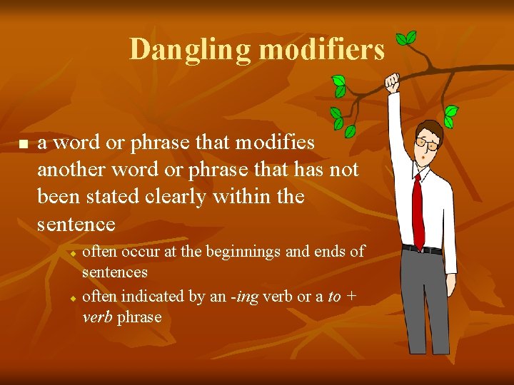 Dangling modifiers n a word or phrase that modifies another word or phrase that