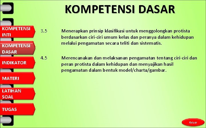 KOMPETENSI DASAR KOMPETENSI INTI KOMPETENSI DASAR INDIKATOR 3. 5 Menerapkan prinsip klasifikasi untuk menggolongkan