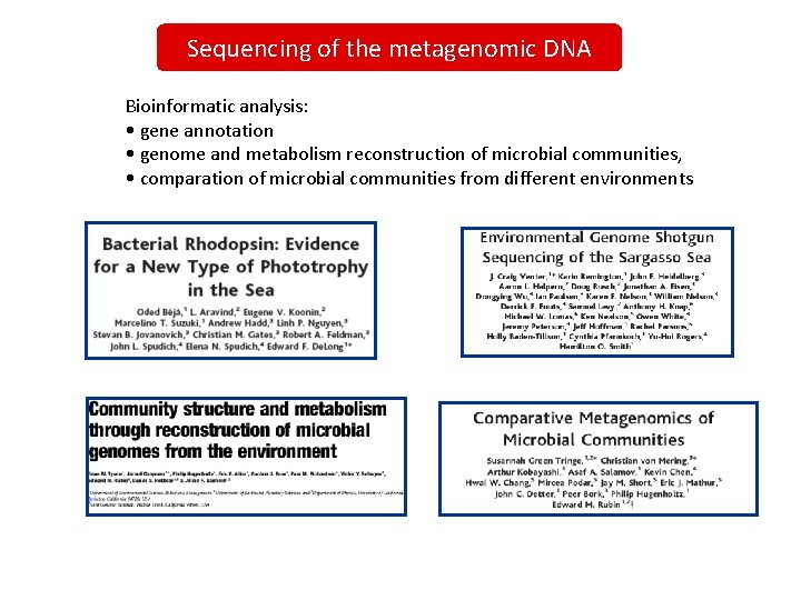 Sequencing of the metagenomic DNA Bioinformatic analysis: • gene annotation • genome and metabolism