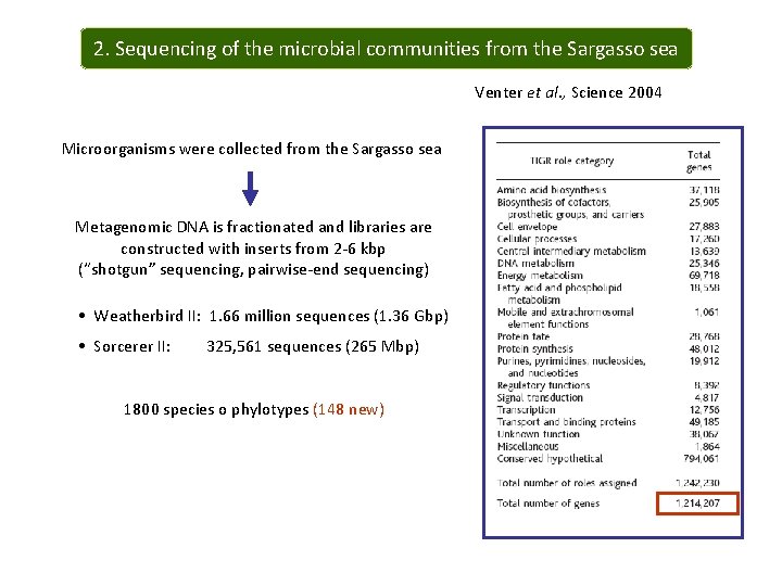 2. Sequencing of the microbial communities from the Sargasso sea Venter et al. ,