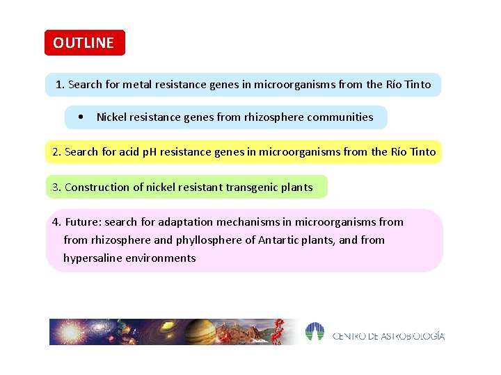 OUTLINE 1. Search for metal resistance genes in microorganisms from the Río Tinto •