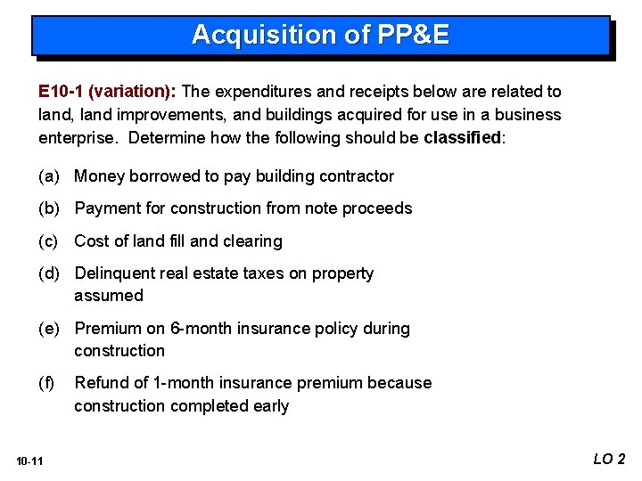 Acquisition of PP&E E 10 -1 (variation): The expenditures and receipts below are related