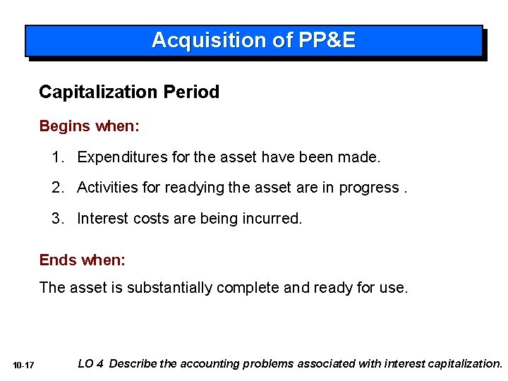 Acquisition of PP&E Capitalization Period Begins when: 1. Expenditures for the asset have been