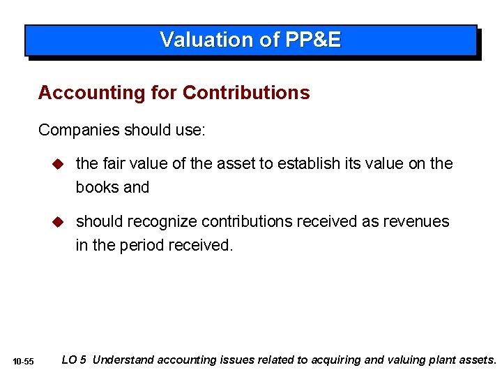 Valuation of PP&E Accounting for Contributions Companies should use: 10 -55 u the fair