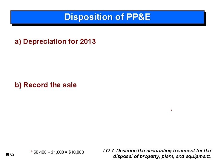 Disposition of PP&E a) Depreciation for 2013 b) Record the sale * 10 -62