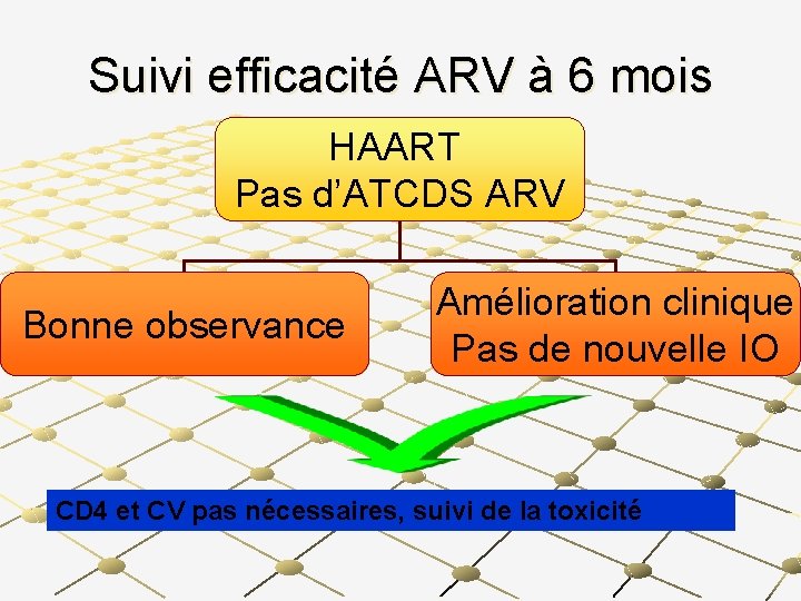 Suivi efficacité ARV à 6 mois HAART Pas d’ATCDS ARV Bonne observance Amélioration clinique