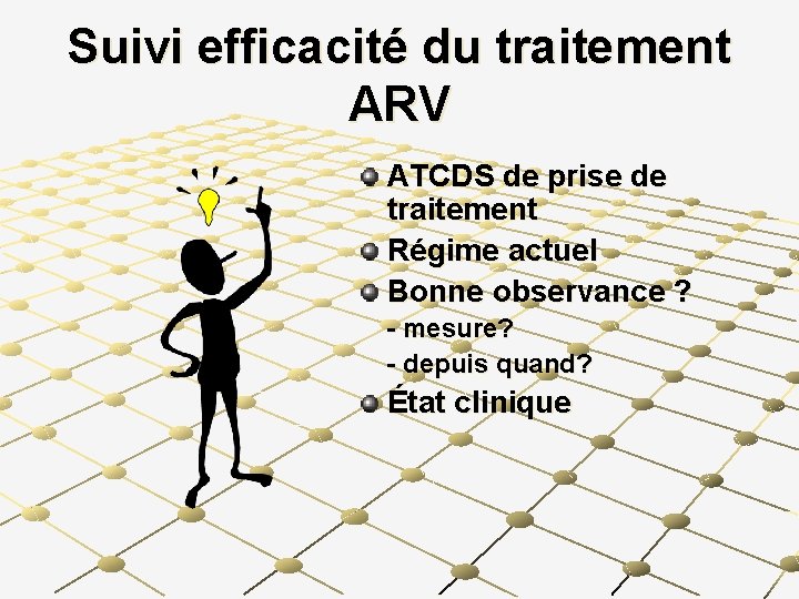 Suivi efficacité du traitement ARV ATCDS de prise de traitement Régime actuel Bonne observance