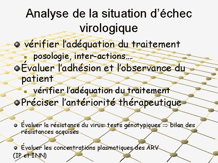 Analyse de la situation d’échec virologique vérifier l’adéquation du traitement n posologie, inter-actions…. Évaluer