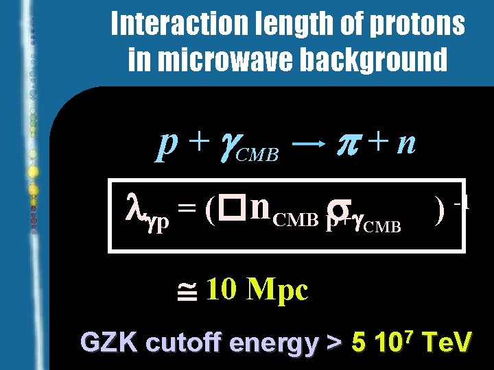 Interaction length of protons in microwave background p + g. CMB p+n -1 lgp