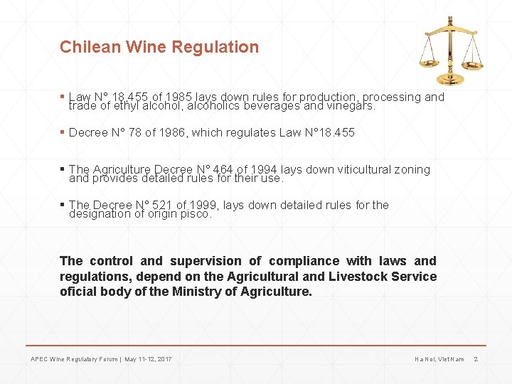 Chilean Wine Regulation § Law N° 18, 455 of 1985 lays down rules for