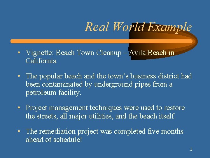 Real World Example • Vignette: Beach Town Cleanup – Avila Beach in California •