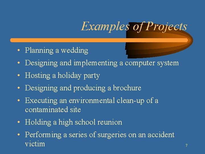 Examples of Projects • Planning a wedding • Designing and implementing a computer system